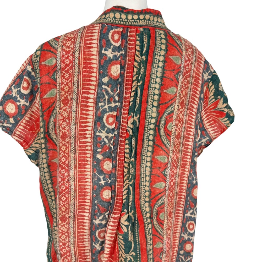 Peruvian Connection Block Print 100% Linen Maxi Caftan Long Dress XL Pockets - Picture 6 of 8